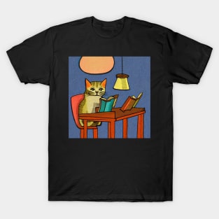 Cat Studying In The Library Illustration T-Shirt